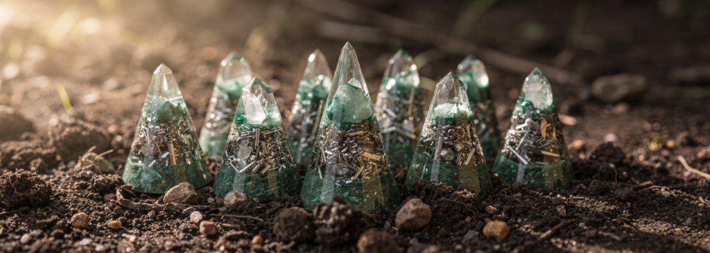 Collection of orgonite tower busters in green resin with metal shavings on soil