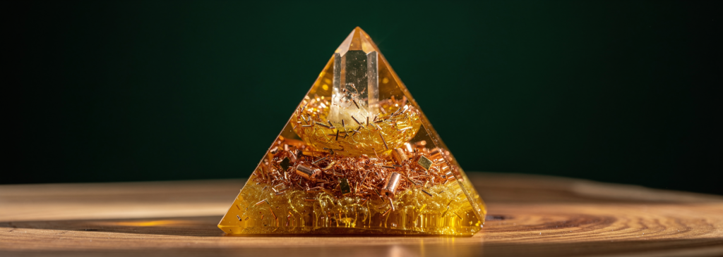 Orgonite pyramid in golden resin with copper shavings and quartz crystal apex