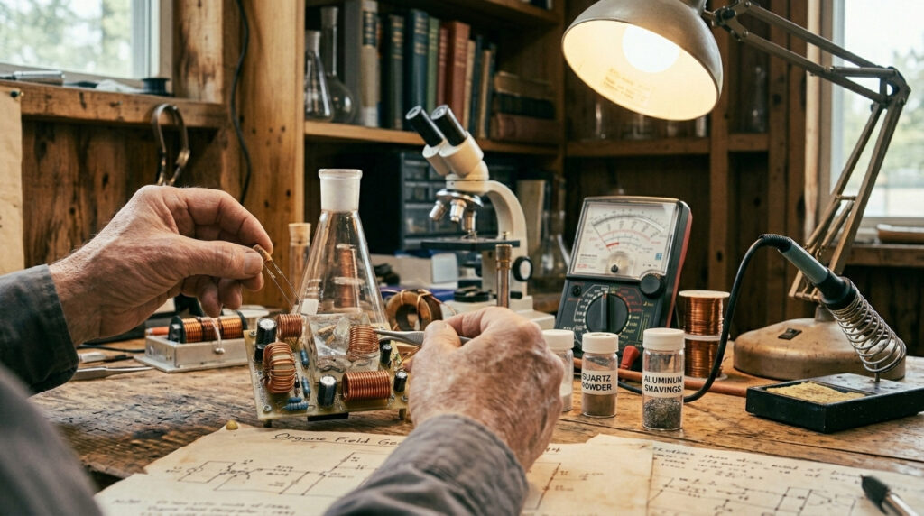 Karl Hans Welz assembling Chi Generator with copper coils 1990s