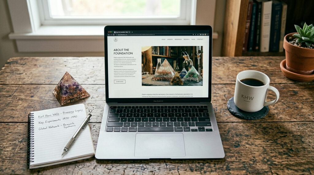 Orgone Energy Hub editorial desk with research notes and orgonite pyramid
