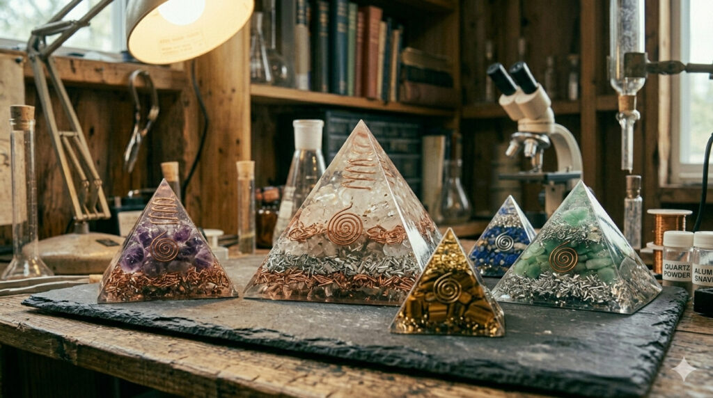 Handmade orgonite pyramids collection with crystals and copper coils